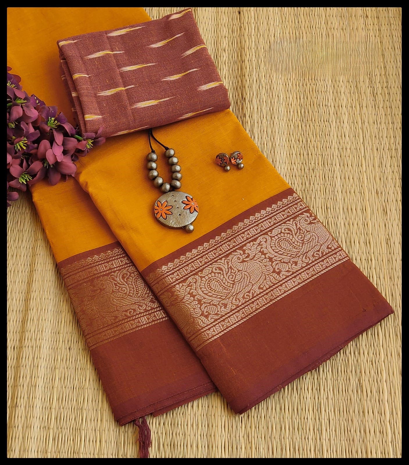 Maroon Peacock Zari Border Chettinad Cotton Saree